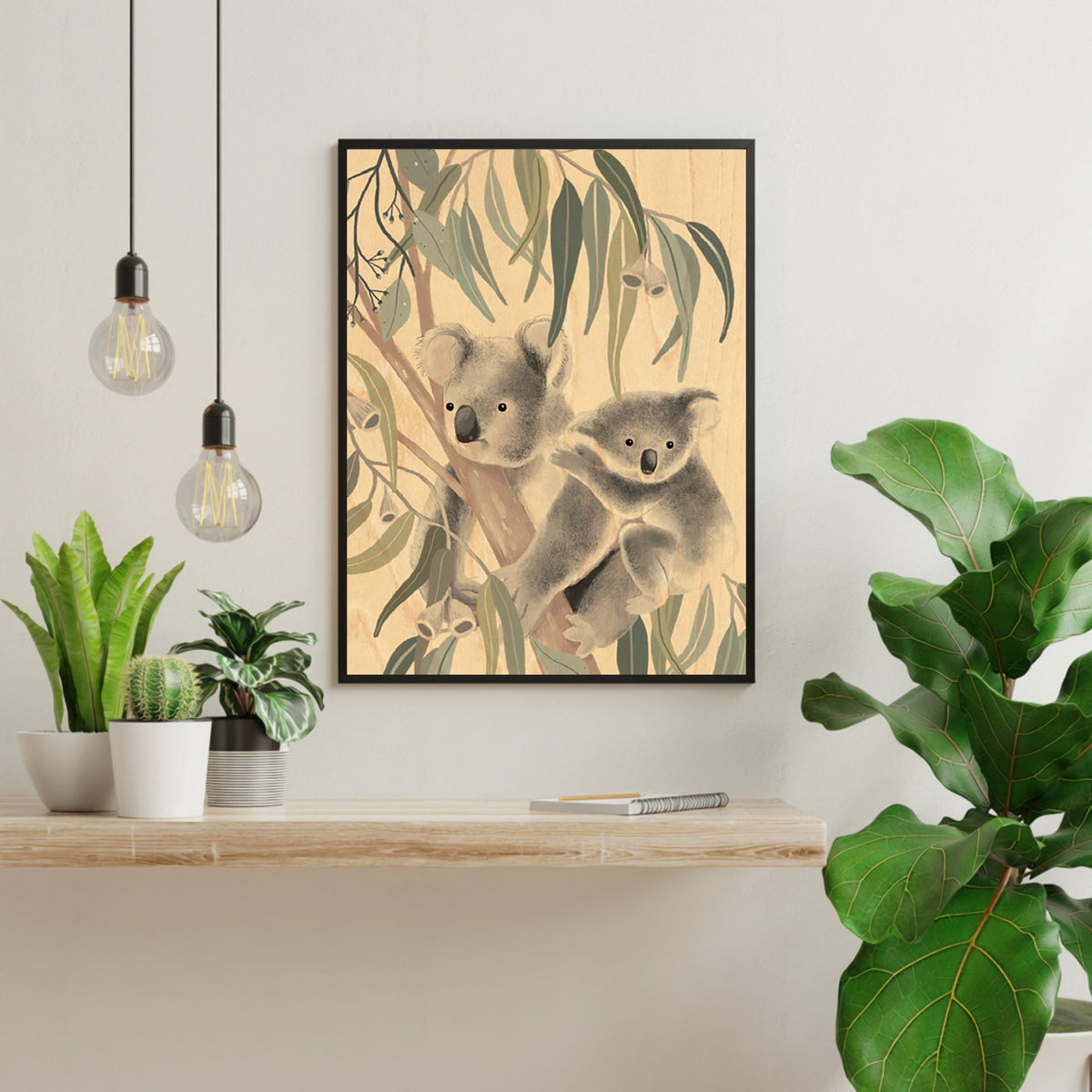 Wood Art Print A4 - Koala Cuddles