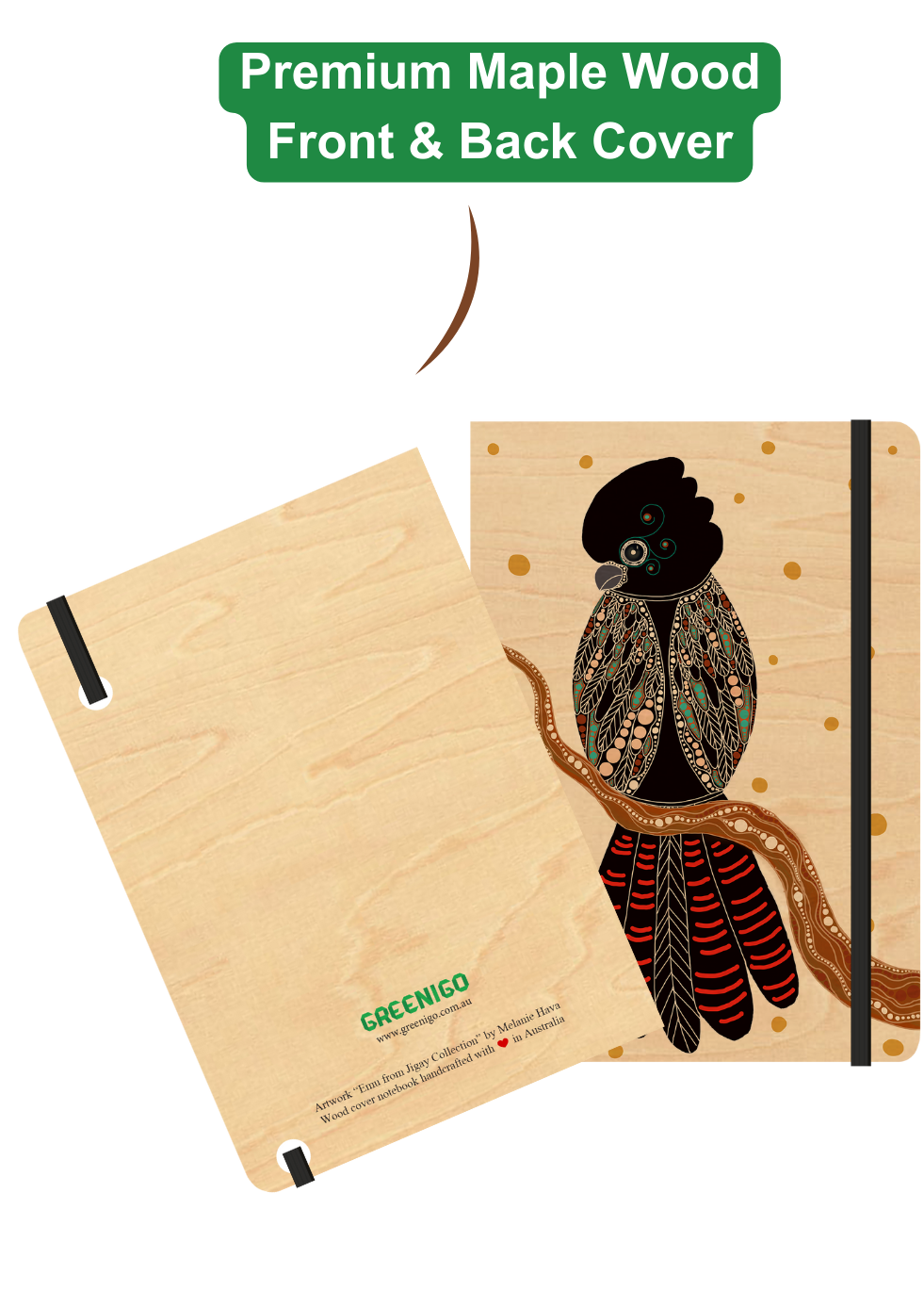 A5 Wood Cover Journal (Blank) - Gidila (Red Tailed Black Cockatoo)