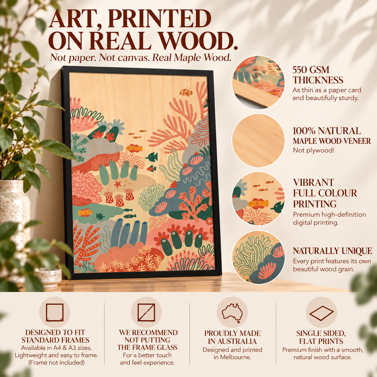 Wood Art Print - Colourful Corals
