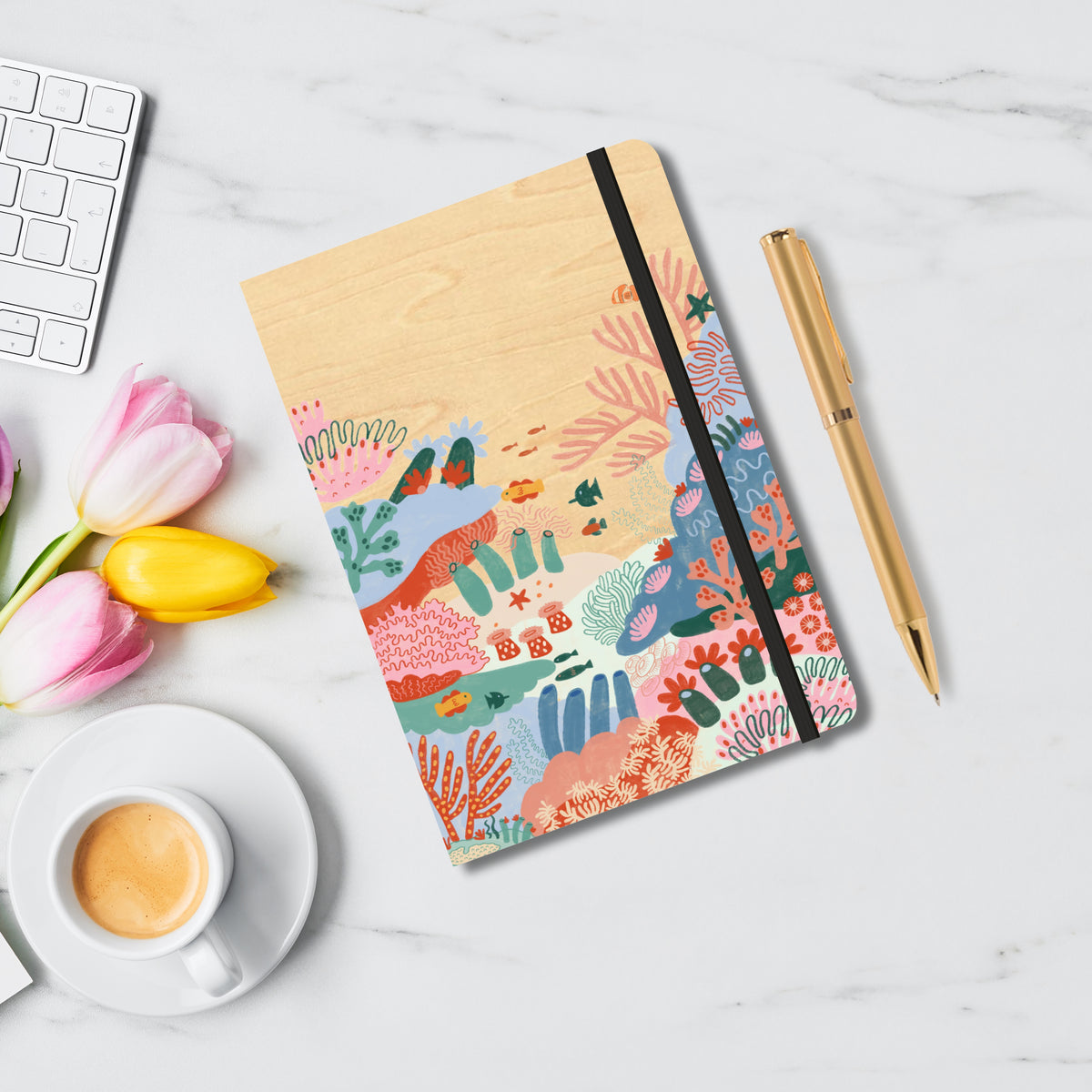 B6 Wood Cover Notebook (Lined) - Colourful Corals