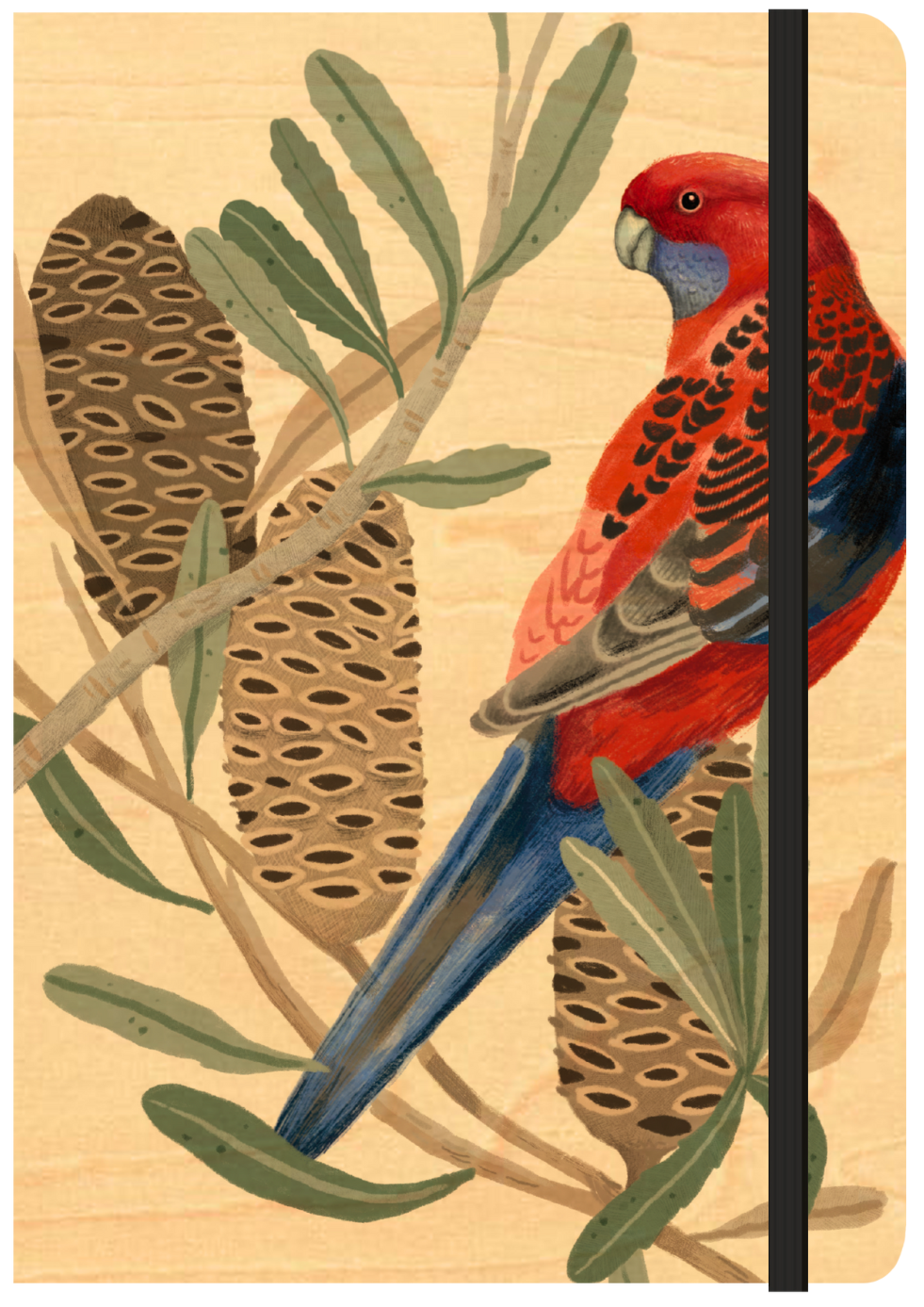 A5 Wood Cover Journal (Blank) - Rosella with Banksia
