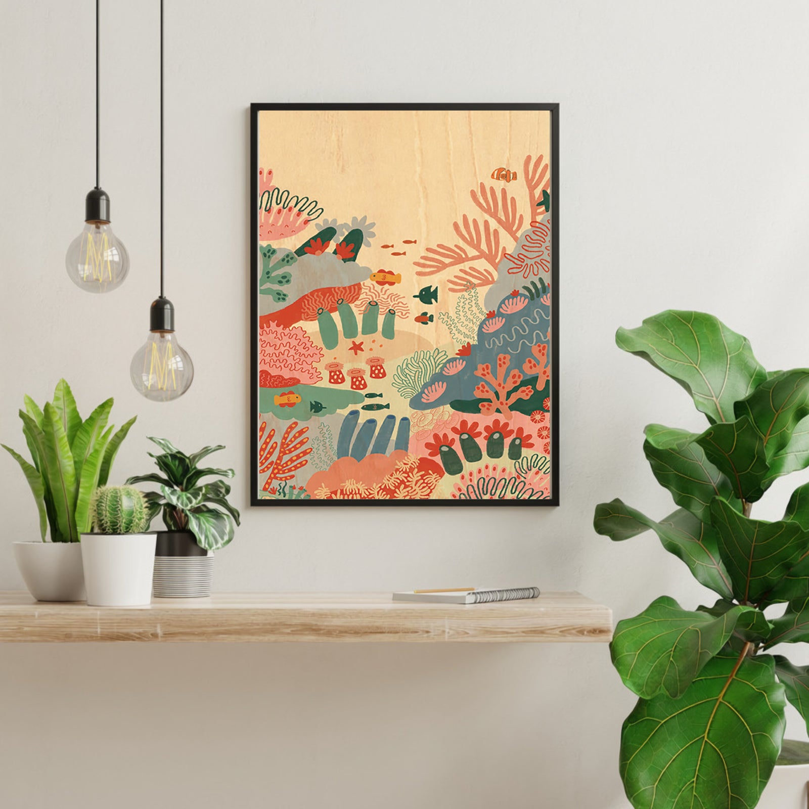 Wood Art Print A4 - Colourful Corals