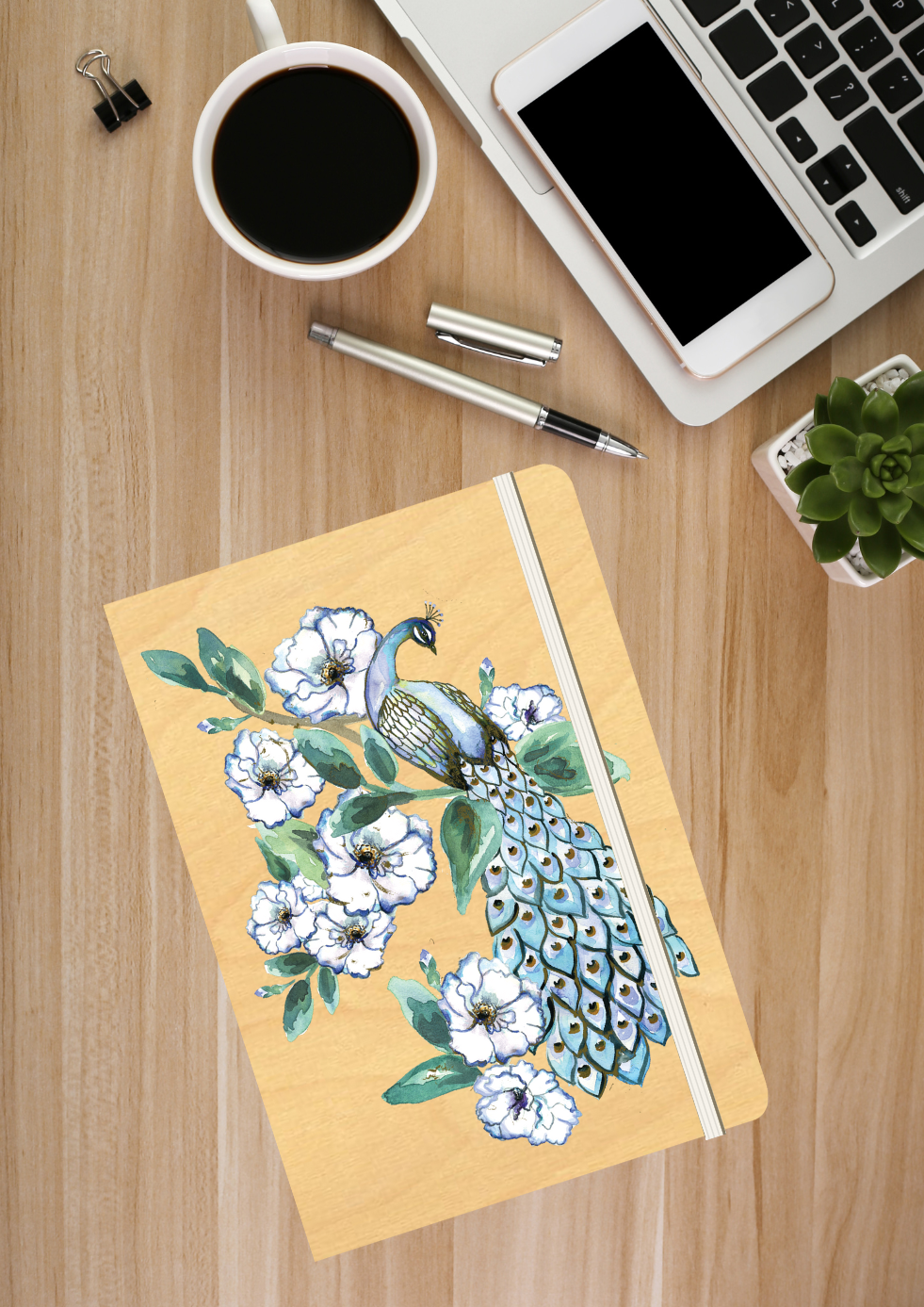 B6 Wood Cover Notebook (Lined) - Peacock Garden
