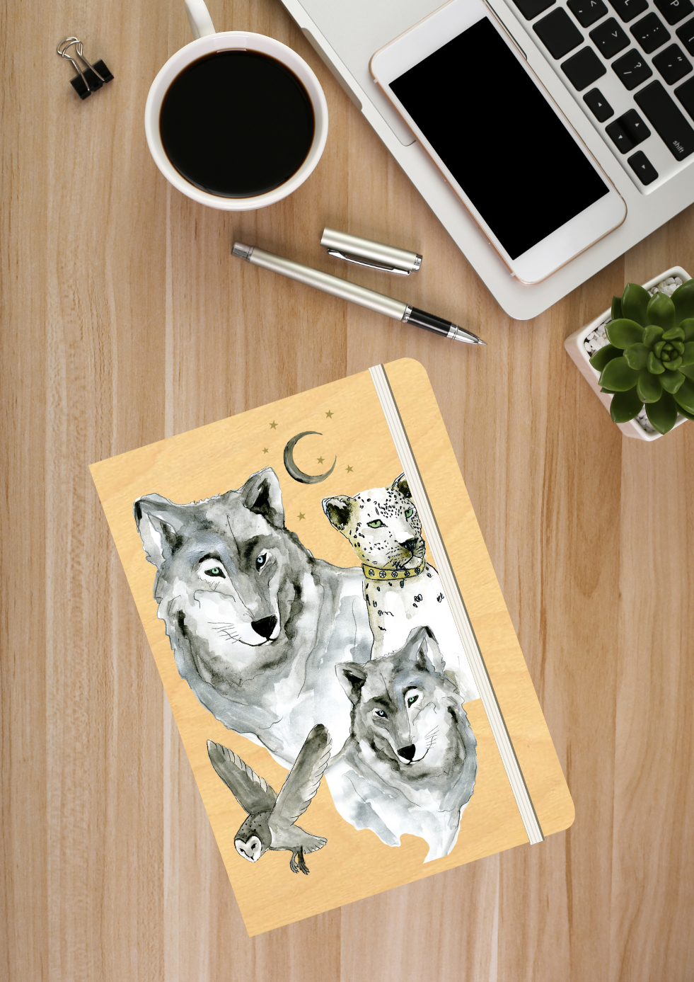 B6 Wood Cover Notebook (Lined) - White Wolf