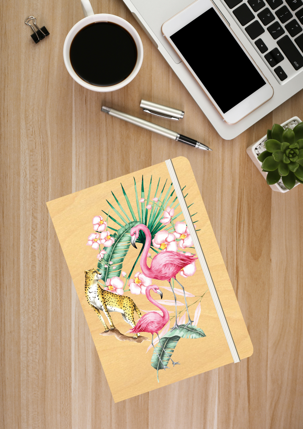 B6 Wood Cover Notebook (Lined) - Flamingo Jungle