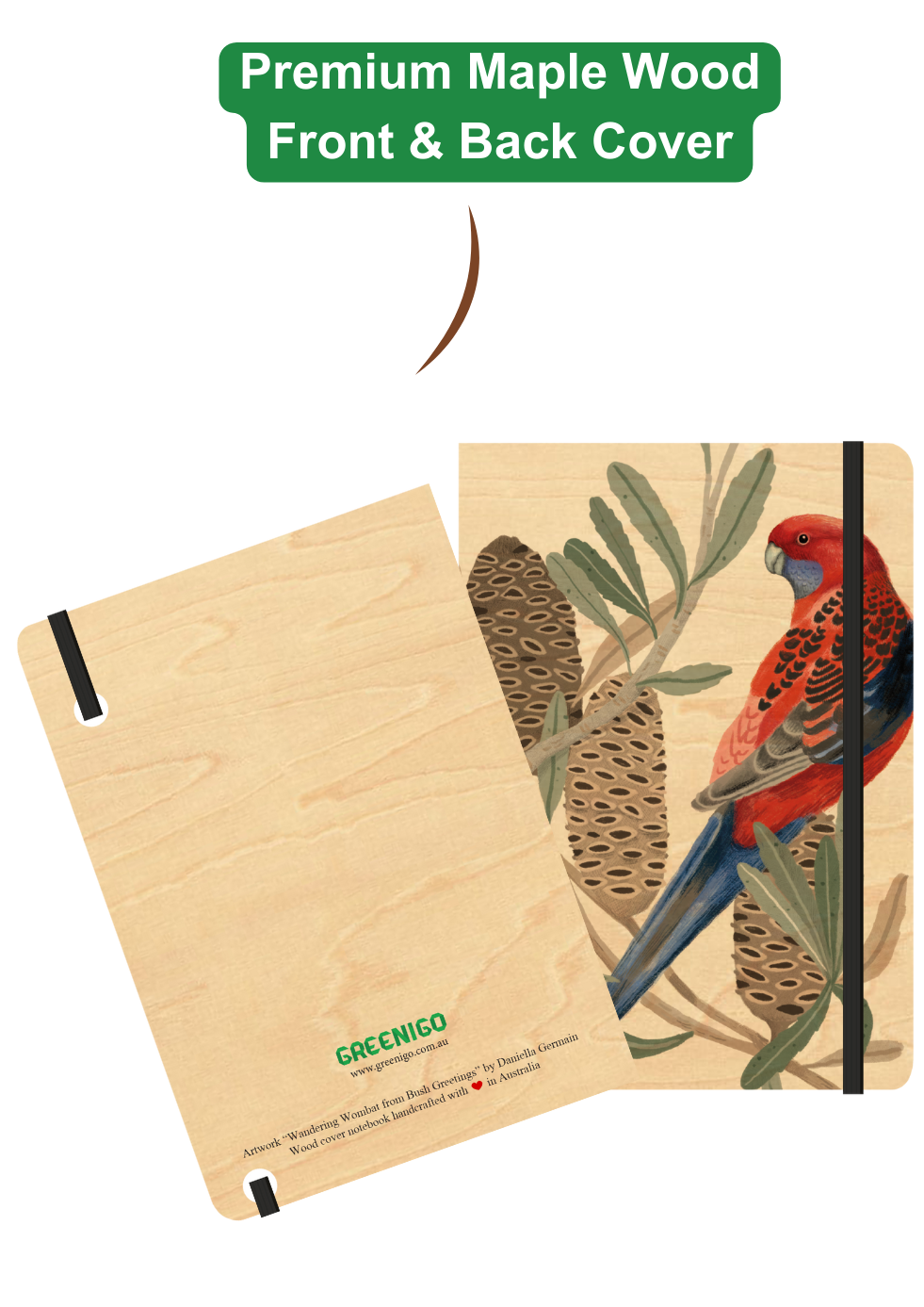A5 Wood Cover Journal (Blank) - Rosella with Banksia