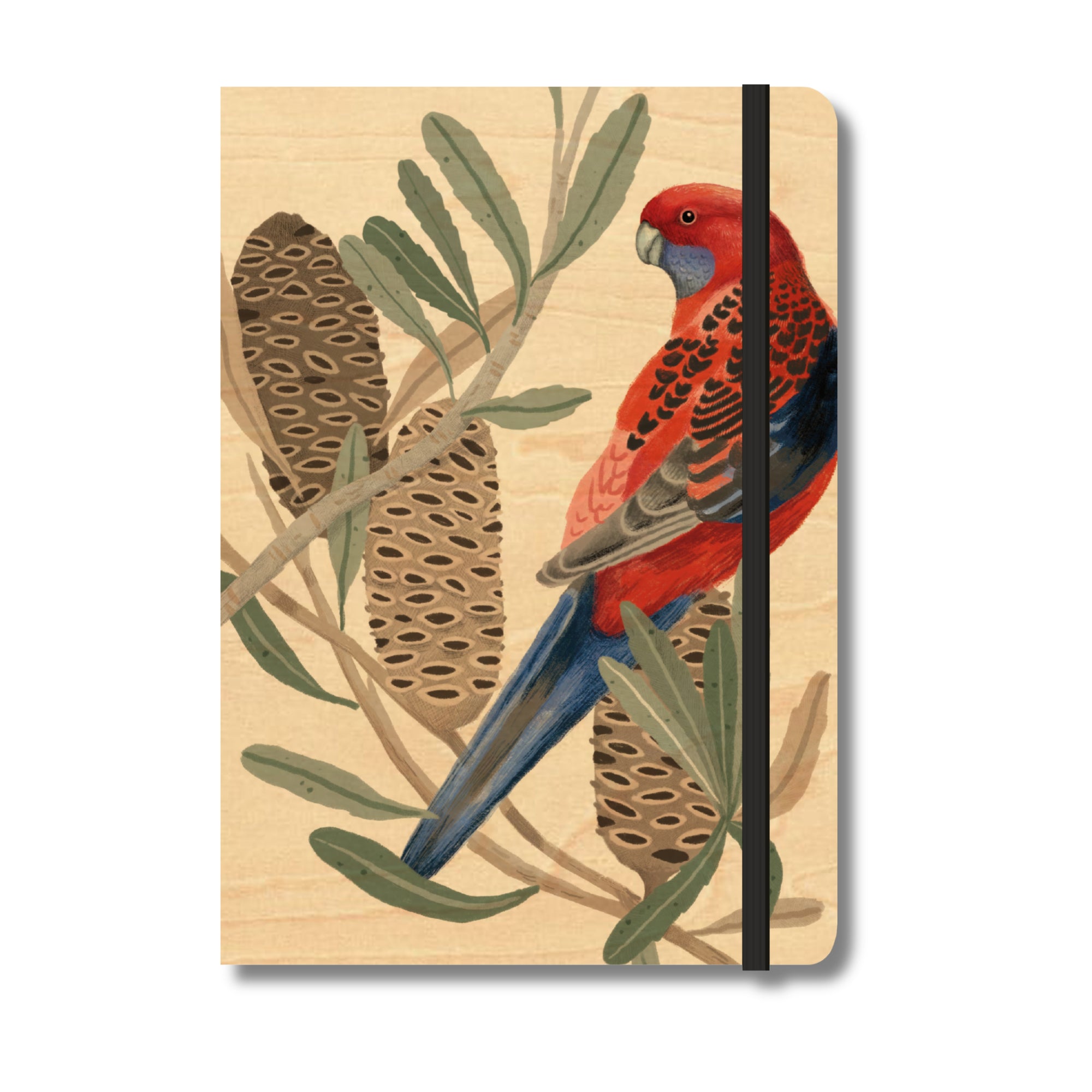 B6 Wood Cover Notebook (Lined) - Rosella with Banksia