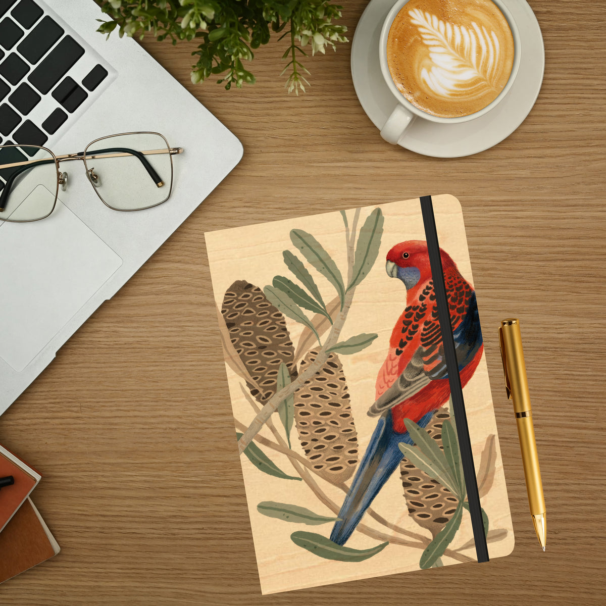 B6 Wood Cover Notebook (Lined) - Rosella with Banksia