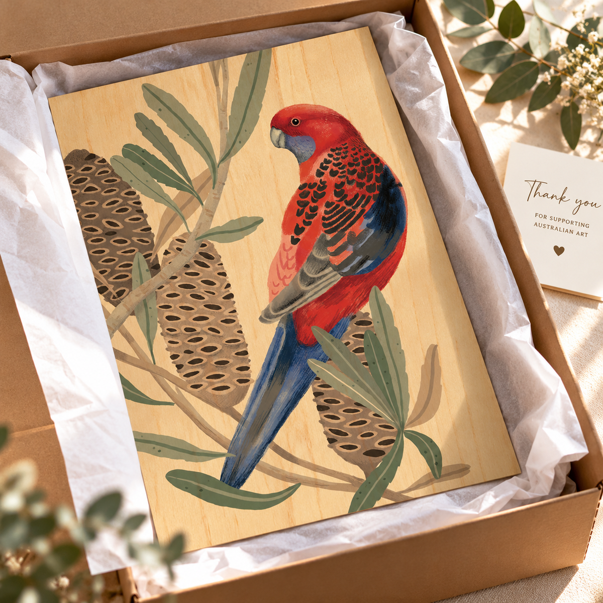 Wood Art Print - Rosella with Banksia