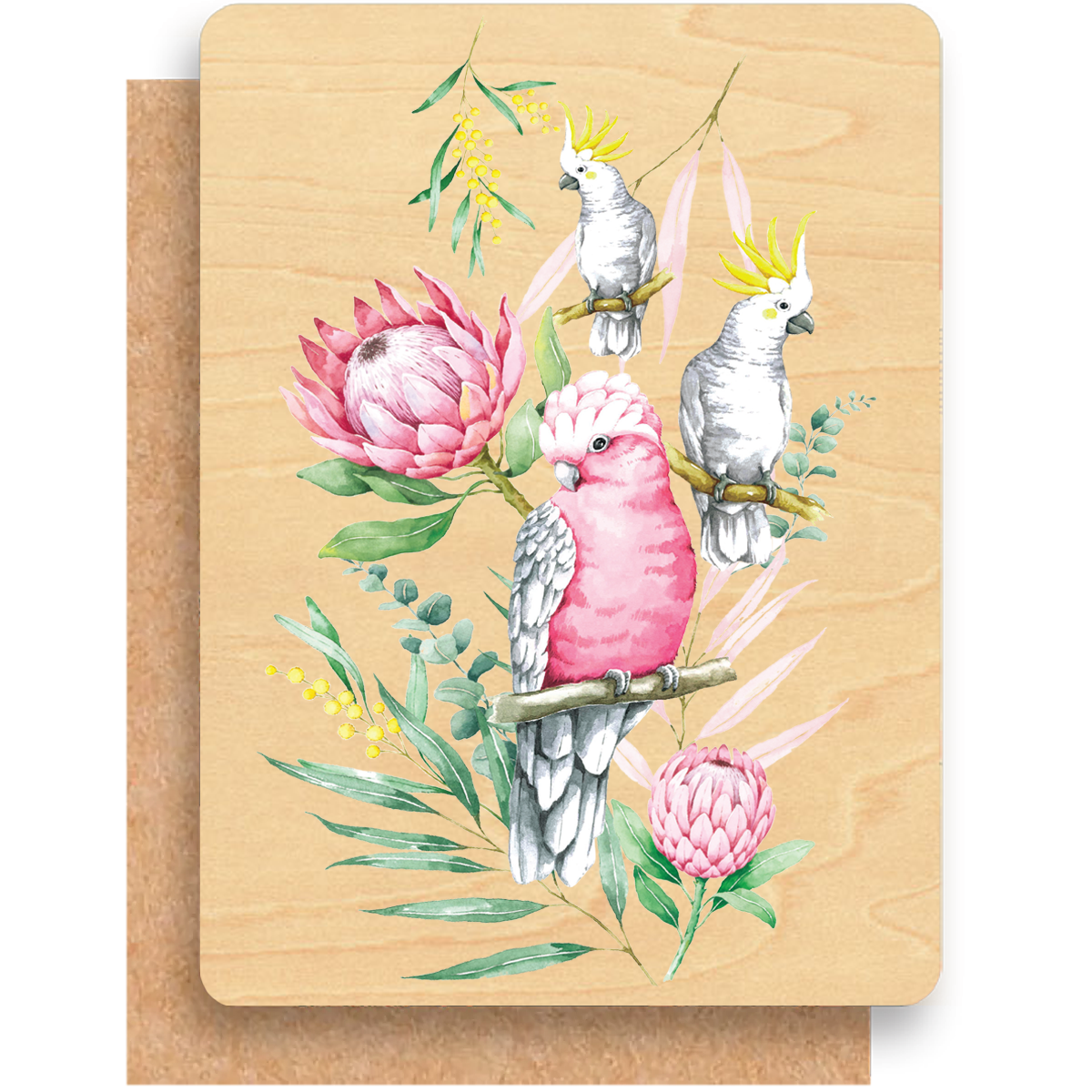 Wood Greeting Card - Parrots &amp; Proteas