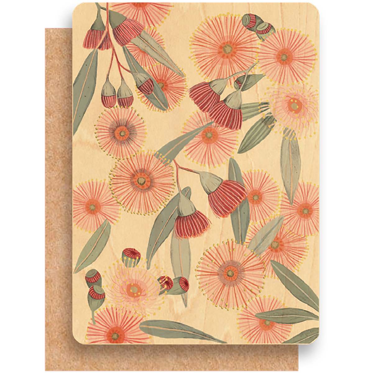 Wood Greeting Card - Red Eucalyptus Burst
